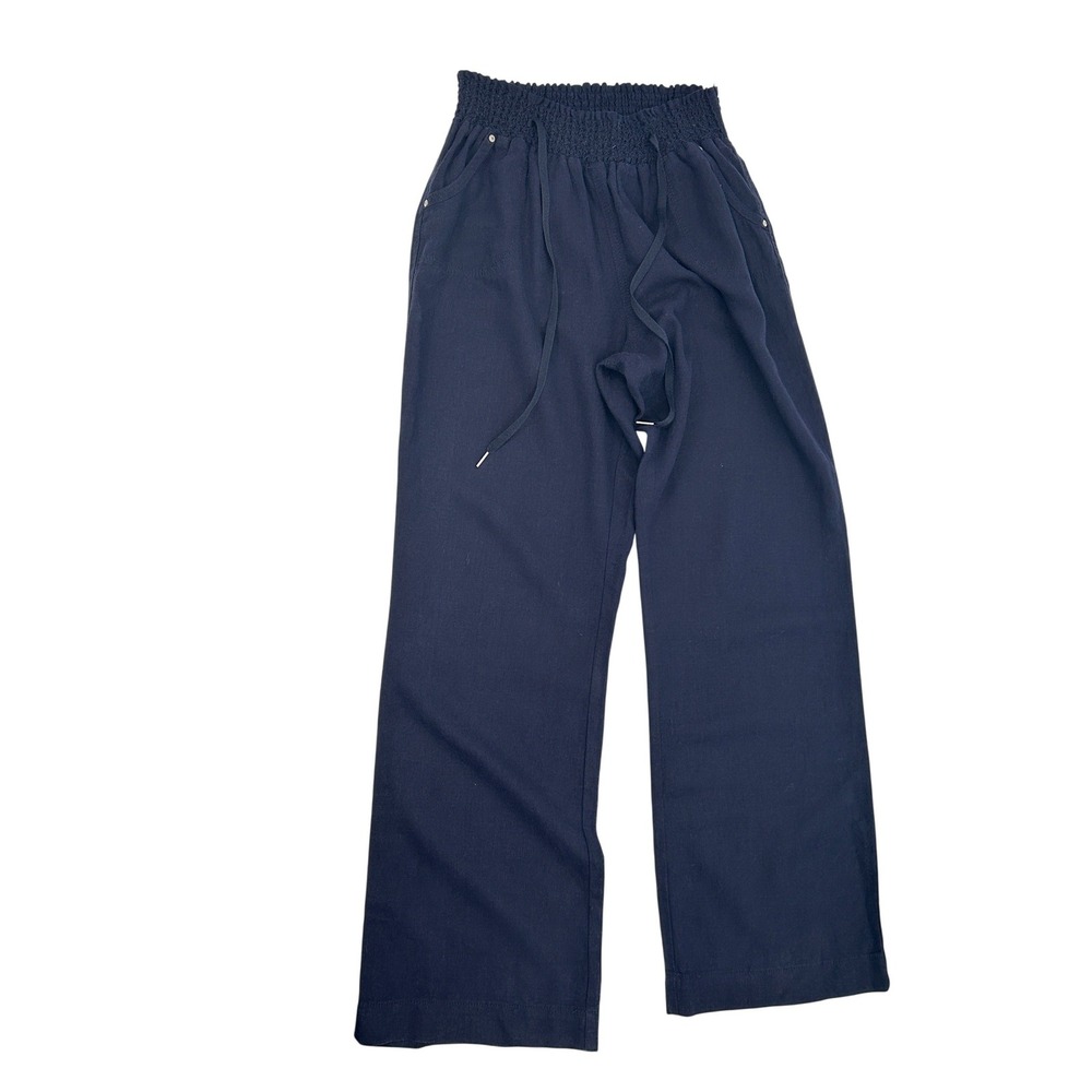 Ci Sono Navy Linen Blend Pants Wide Leg Pull On Casual Large coastal relaxed - Picture 5 of 7